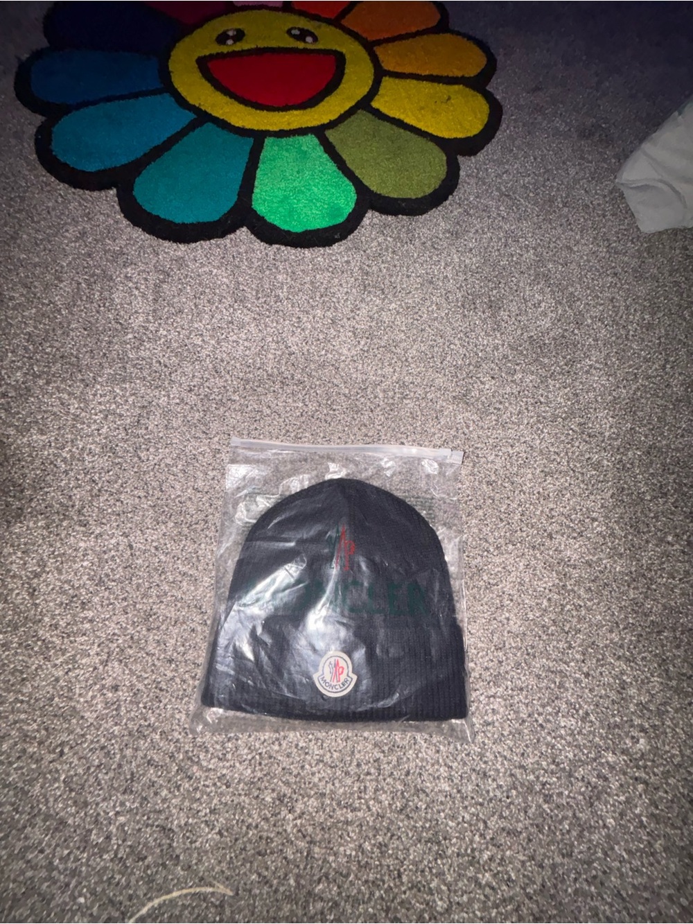Moncler Black Knit Cuffed Beanie with Logo Emblem